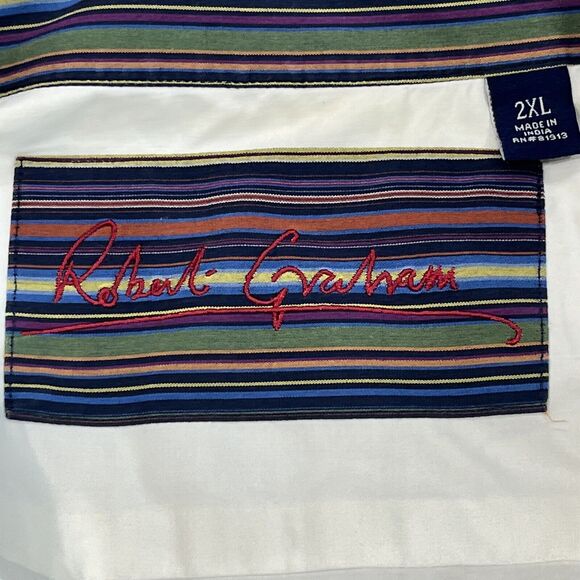 Robert Graham XXL White LS Casual Button Up Shirt Striped Flip Cuff Embroidered - Picture 9 of 12